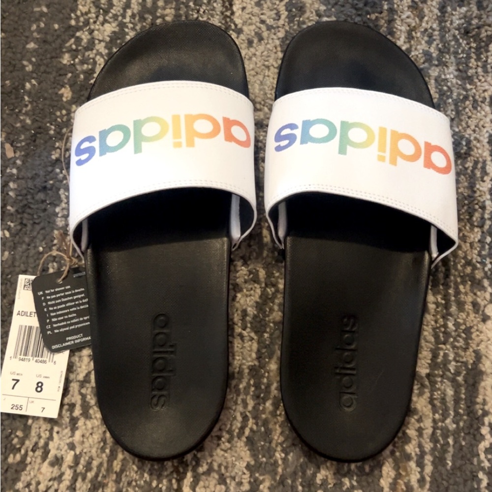 NWT Adidas Slide Sandals - Black and White with Multicolor Logo